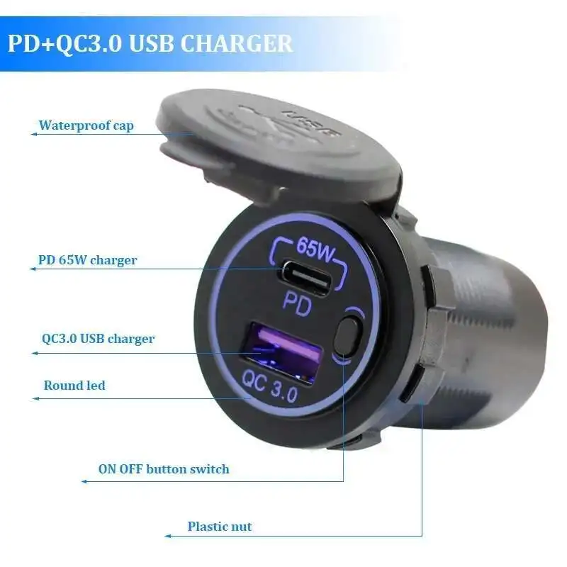 65 Вт 12 В розетка водонепроницаемое зарядное устройство PD типа C и порт QC3.0 USB-разъем для автомобиля, лодки, морского грузовика