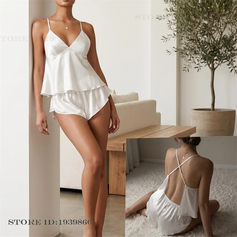 Sexy Backless Suspender Pajamas Set Women's Sleepwear Summer New Mujer Intimate Lingerie Home Clothes Silky Satin Loungewear