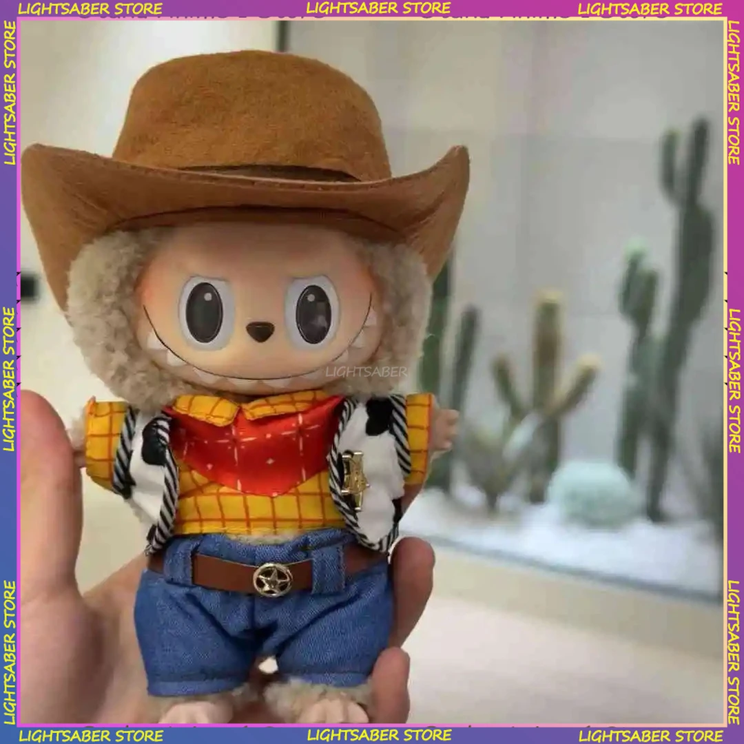 الكرتون كاوبوي Labubu 3.0 الملابس قبعات رعاة البقر الغربية الزي مع عشر جالون قبعة صغيرة أفخم دمية الملابس موضة إكسسوارات دمي هدية