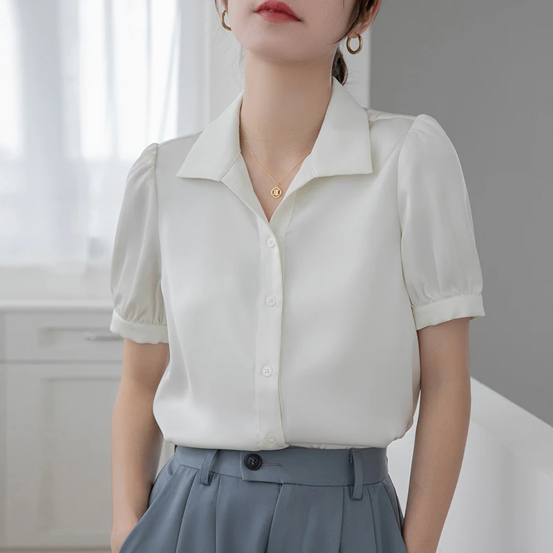 Women Summer Korean Slim Office Lady Shirring Solid Color Square Collar Short Sleeve Shirts Women Clothes Casual All-match Tops