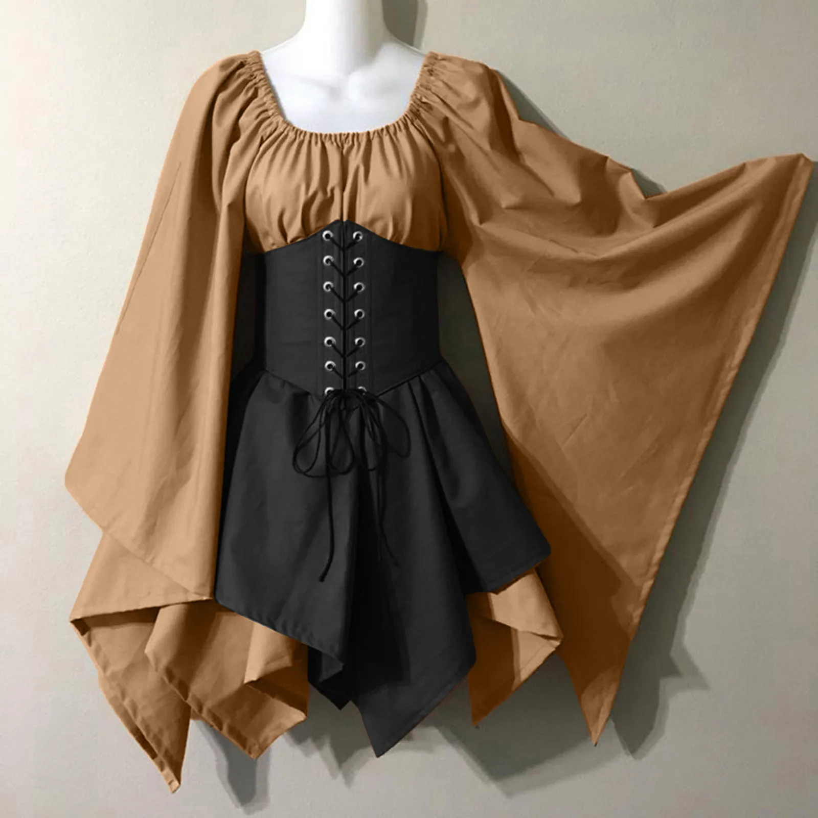 Women Vintage Gothic Style Cosplay Dresses Lace Up Waist Irregular Hem Prom Dresses Ladies Batwing Sleeves Square Collar Dresses