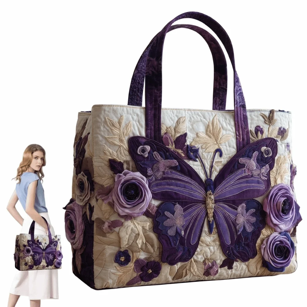 Butterfly Patterns Women Quilted Tote Bag Vintage 3D Printed Patterns Travel Handbag Large Capacity Cotton Shopping Bag
