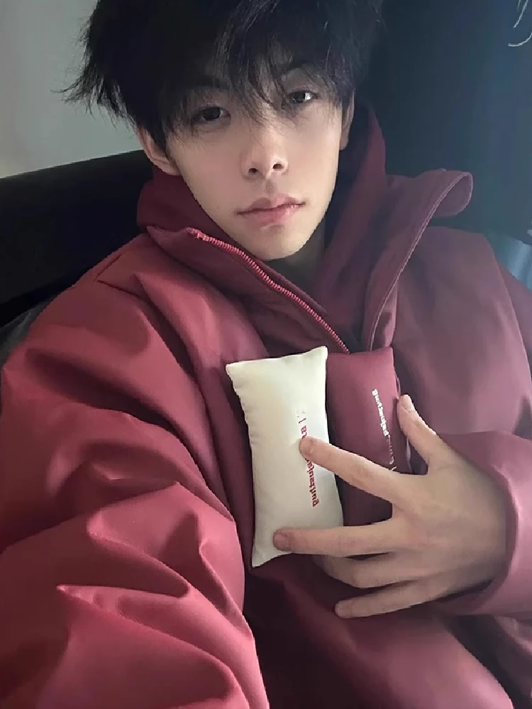 

Red Wine Color Thiened Winter Men's down Jaet Stand Collar Warm Cotton Outerwear American Hiphop Couple Coat