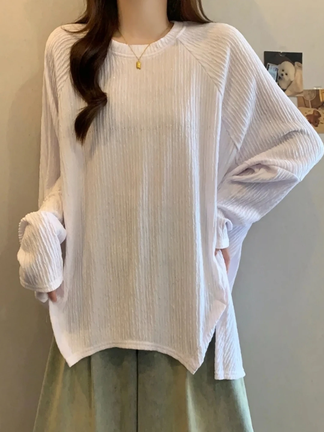 V-Neck Long Sleeve Glitter T-Shirt Women's Spring Autumn plus Size Irregular Heavy Embellishment Slimming Base Shirt Design