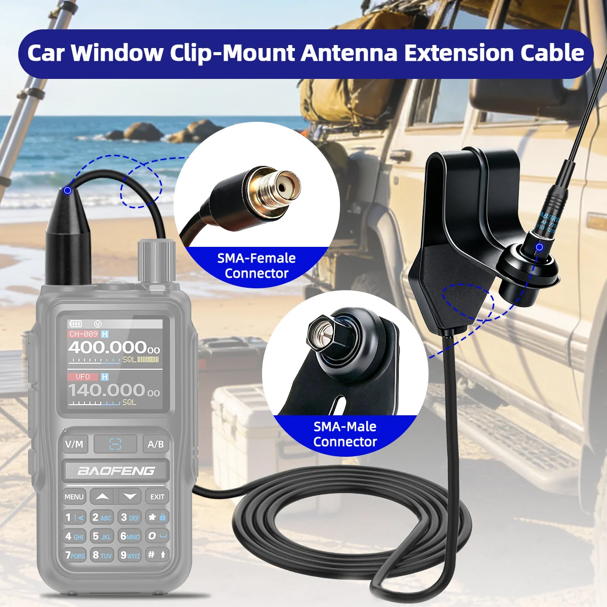 ABBREE Window Clip Mount Car Antenna Bracket SMA Female To Male Extension Cord For Baofeng UV-5R MINI 5 Quansheng Two Way Radio