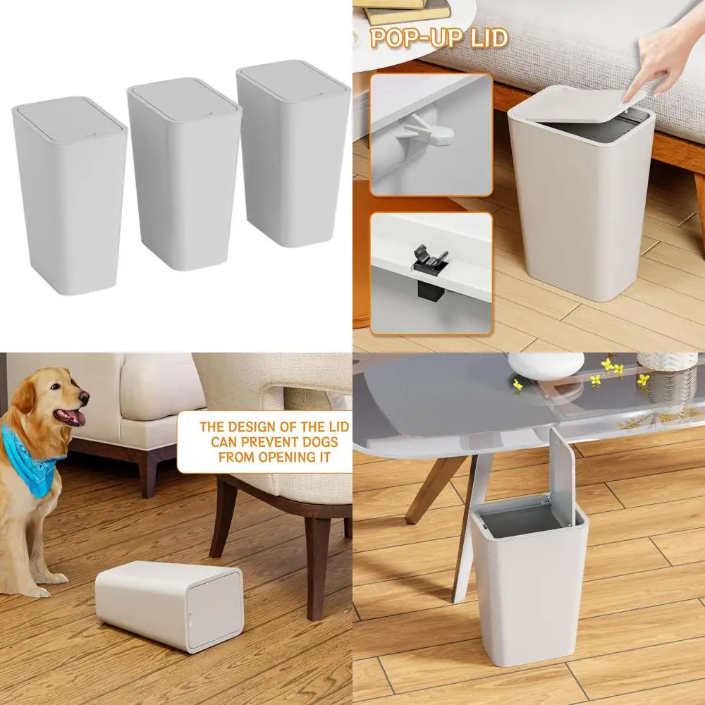 

Grey 3-Piece Slim Trash Cans: 12L Bathroom, 3.17G Pet-Proof Kitchen, Narrow Plastic Waste Baskets for Rooms & Office