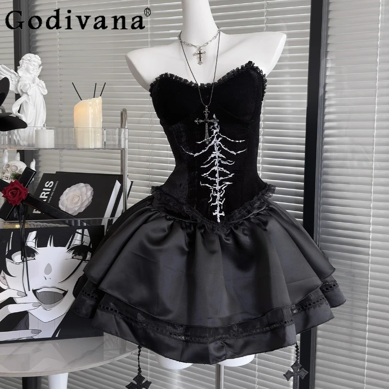 

Halloween Gothic Velvet Outfit for Women Collarless Camisole Short Skirt Set Female Slimming Japanese Lolita Hot Girl Suits