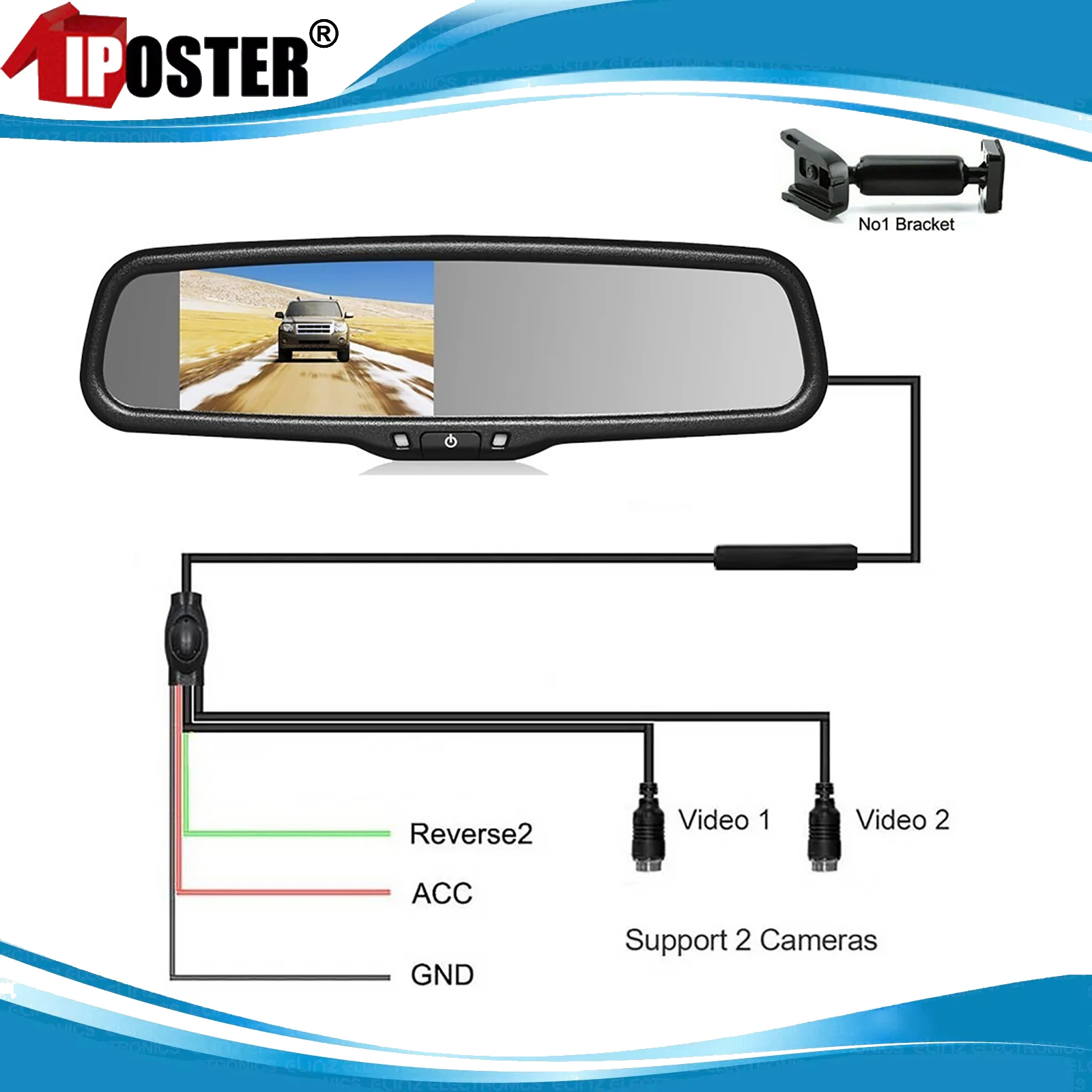 

iPoster 4.3" Auto Reverse 2 Channel Mirror Monitor Clear View Rearview Mirror With No.1 Bracket For Ford GMC Toyota Jeep
