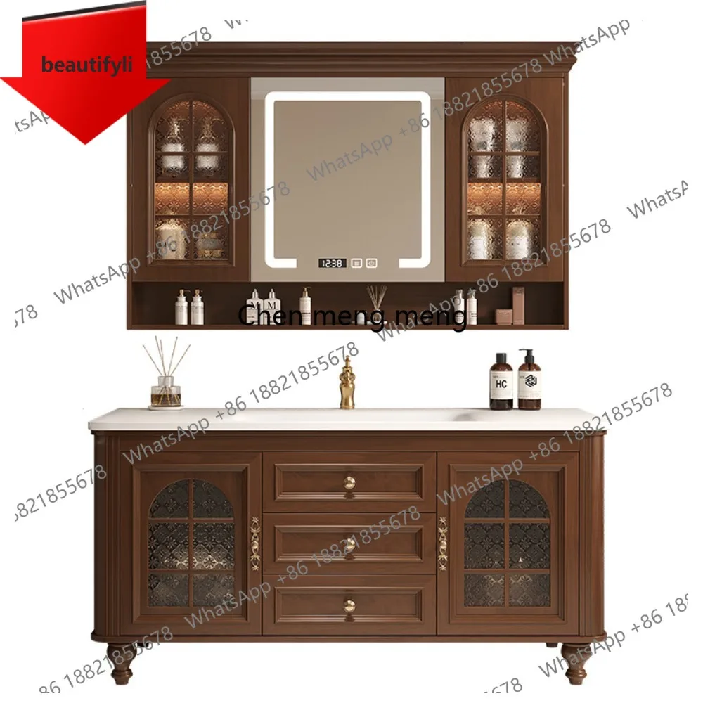 

Комбинированный напольный шкаф для ванной комнаты M45 из дуба в стиле французского ретро с раковиной.