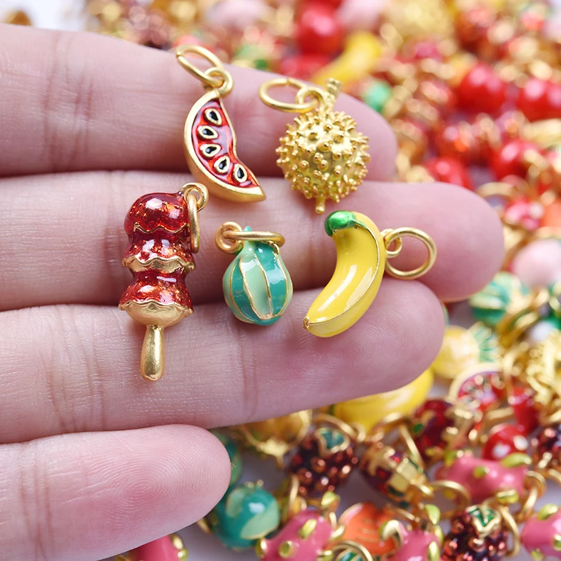 16pcs/Lot Wholesale Cute Fruit Enamel Charms For Jewelry Making Supplies Durian Strawberry Pendant Charm Bulk Handmade Bacelets