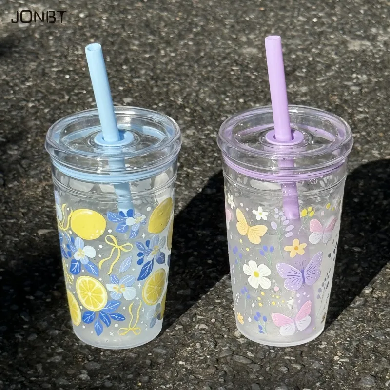 

16oz Cute Butterfly & Lemon Water Bottle with Straw Lid Plastic Leakproof Cup for Hot/Cold Drinks Camping Office School BPA Free