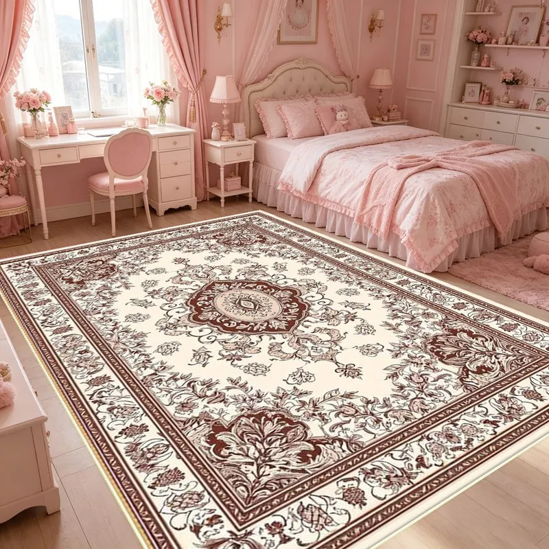 Vintage Pink Brown Floral Area Rug Classic Medallion Design For Bedroom Living Room Home Decor
