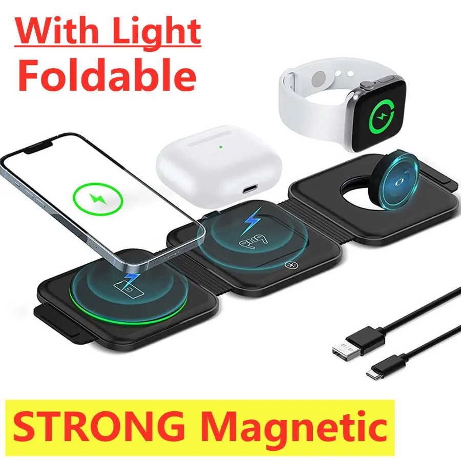 3 In 1 Magnetic Wireless Charger Pad Phone Chargers Stand For iPhone 14 13 12 Airpods Apple Watch 15W Fast Charging Dock Station