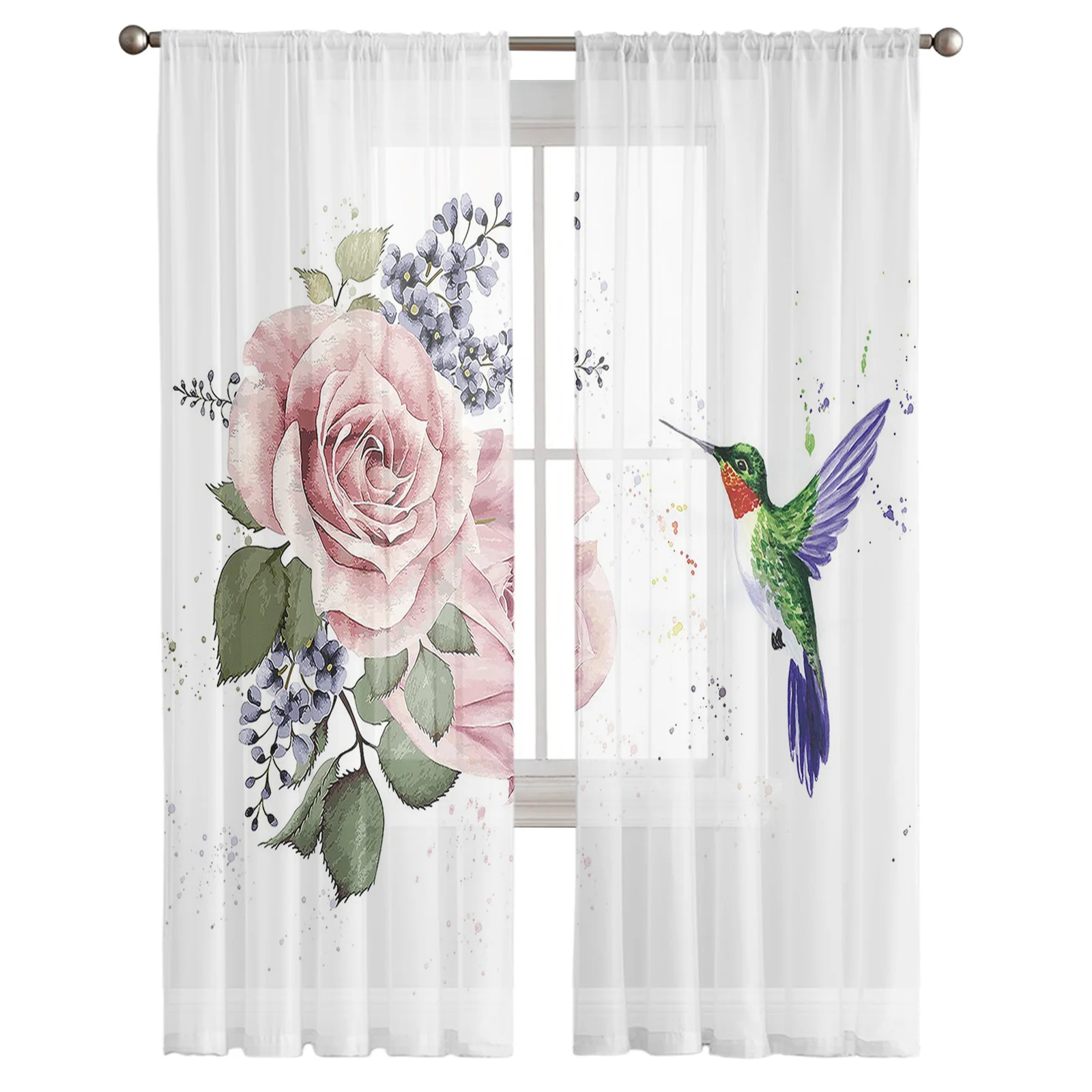 Colorful Hummingbird Blooms Flower Petals Tulle Curtains for Living Room Bedroom Modern Kitchen Sheer Curtains for Voile Curtain