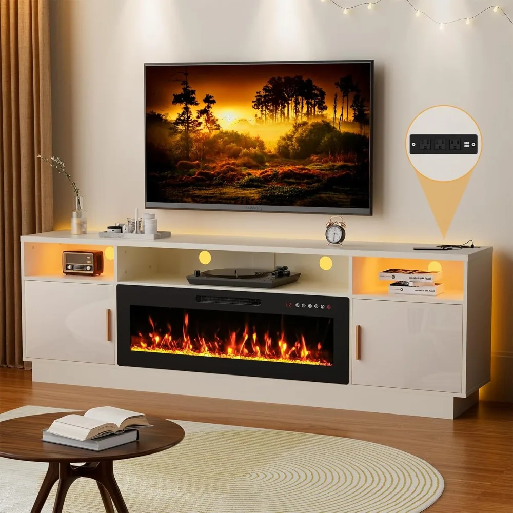 

80'' TV Stand with 42'' Fireplace-LED Light Entertainment Center for 85+ inch TV-White TV Cabinet with Storage, Modern TV Consol