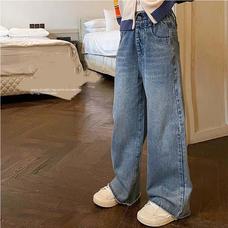 

Джинсы RAISE для девочек, однотонные, весна 2026, для подростков, свободные, с эластичным поясом, прямые брюки для малышей и детей