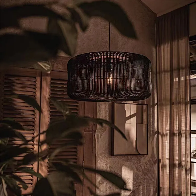 Vintage rattanowa latarnia lampa wisząca ręcznie tkane oświetlenie Wabi-sabi styl japoński wystrój restauracji jadalnia lampy wiszące