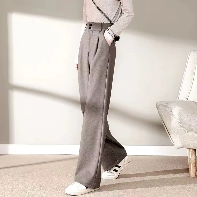 FL Autumn Winter Women Concise Woolen Pants Lady Wide Leg Designer Outside Trousers Female Thicken High Waisted Draping Pants
