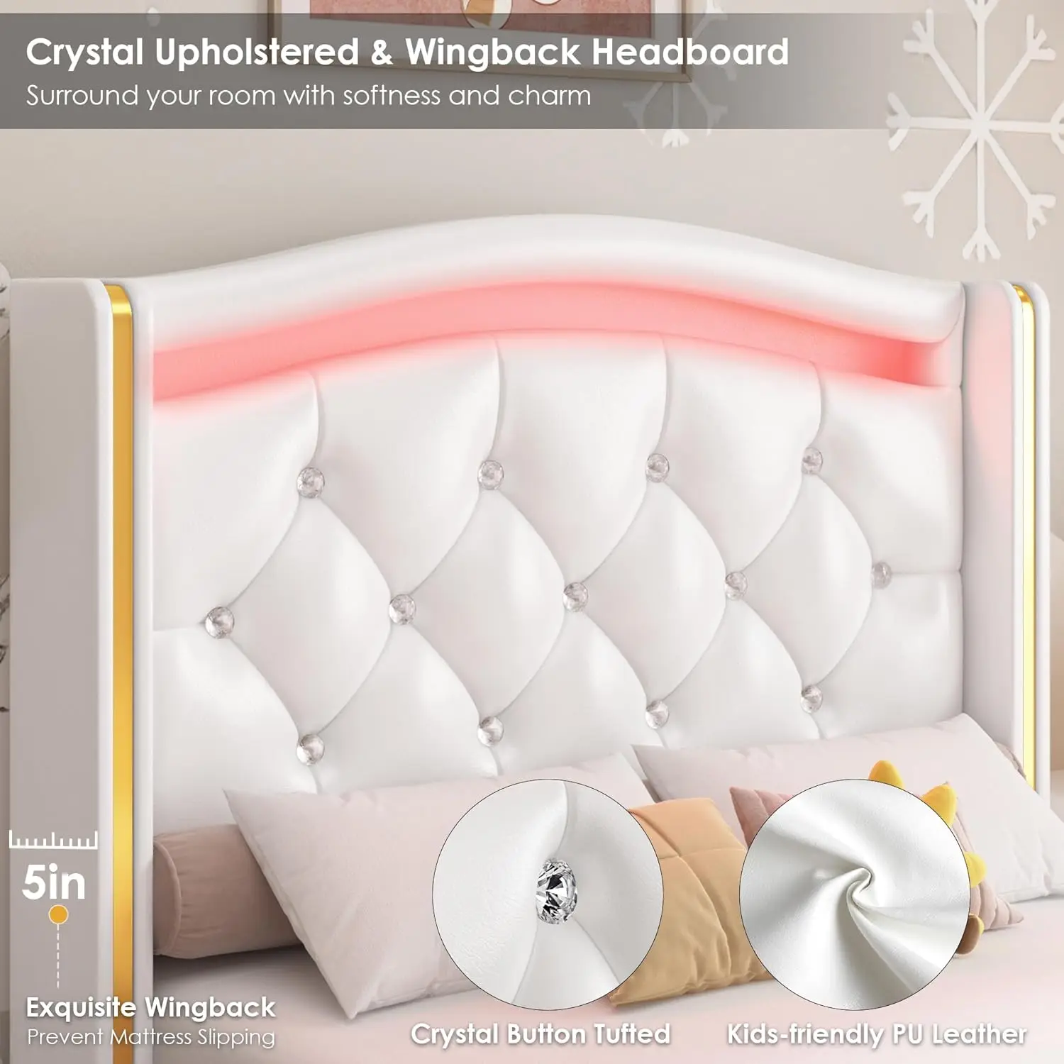 Gestoffeerd LED-bedframe voor twee personen, met kristallen getuft hoofdeinde met knopen en 4 opbergladen, moderne PU Princess Twin Size Platf