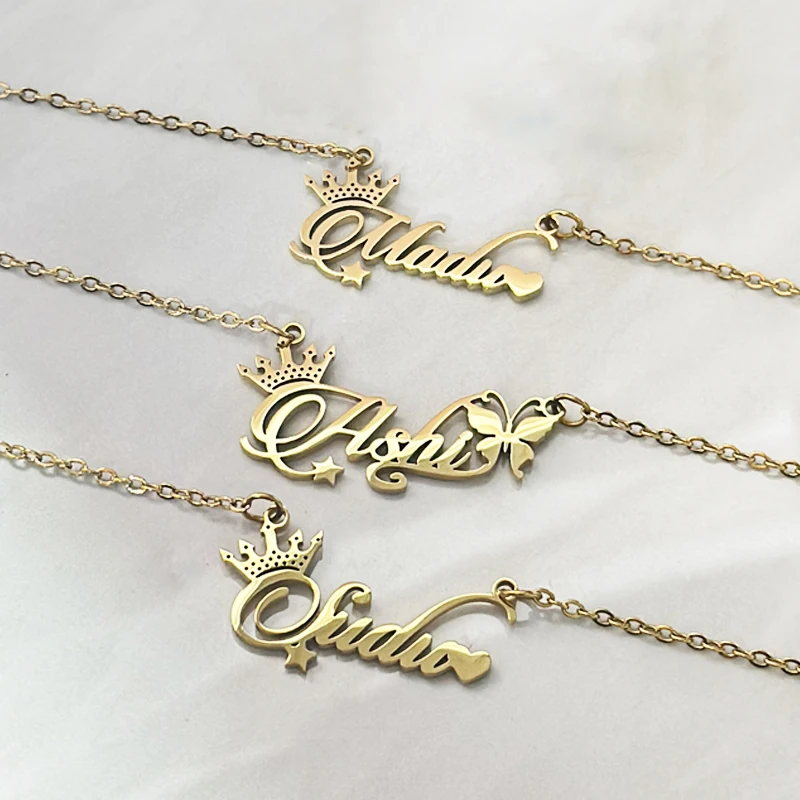 Custom Name Pendant Necklace Personalized Butterfly Crown Heart Stainless Steel 18k Plated Pendant Necklaces Christmas Gift