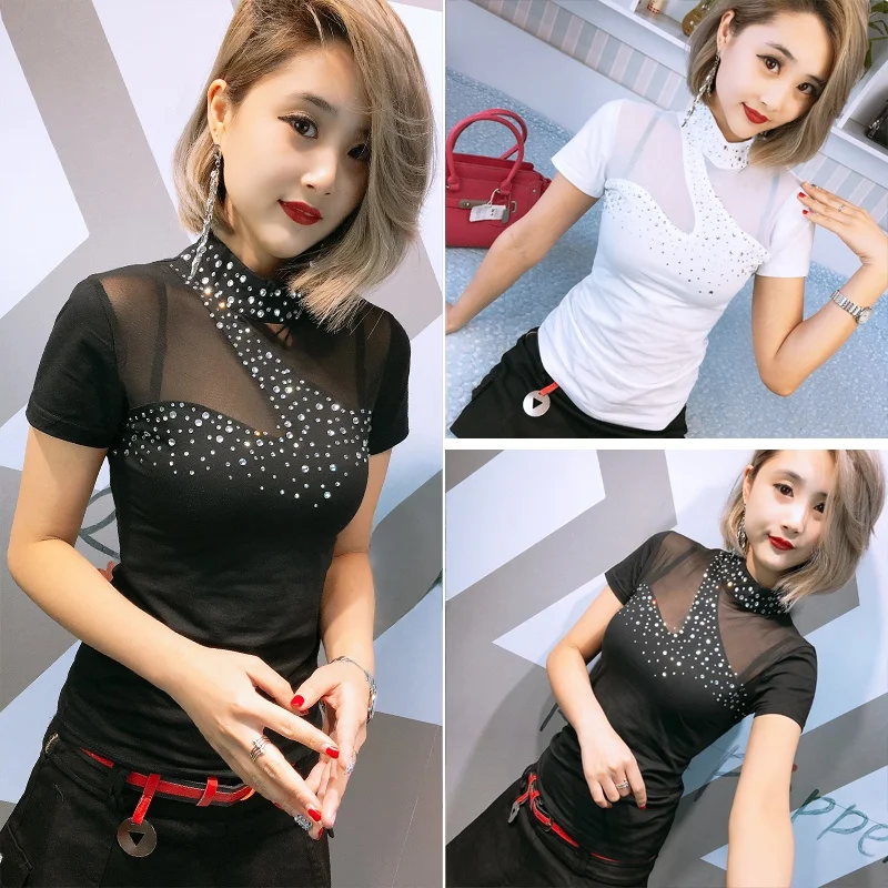 

Женская футболка Sexy Me Diamond Embellied Bal ort Sve, топ с вырезом, социальная одежда, лето 2025 г.