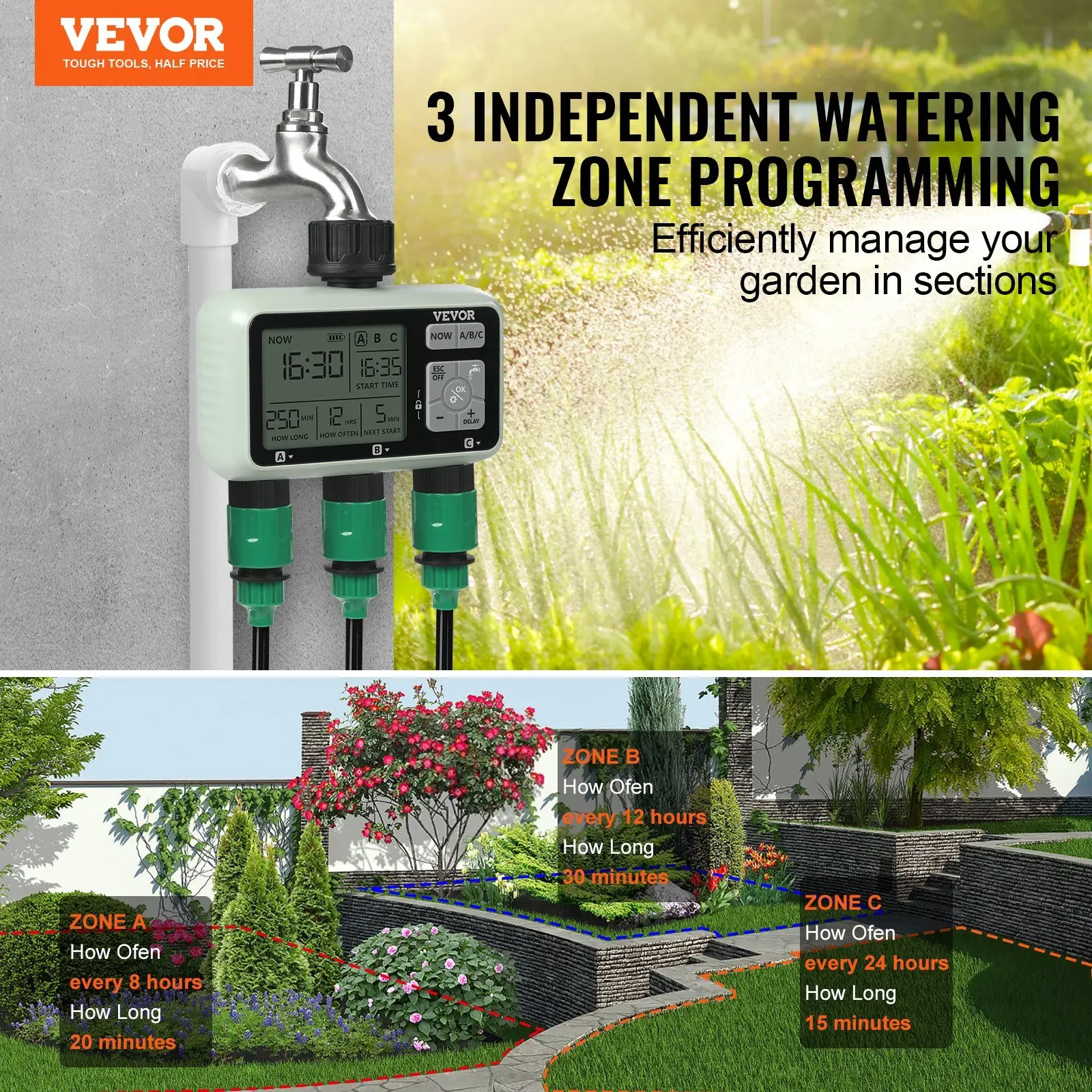 VEVOR Water Timer, 3 Outlets, Hose Watering Sprinkler Timer, with 3 Independent Watering Zone LCD Display Rain Delay Mode Manual