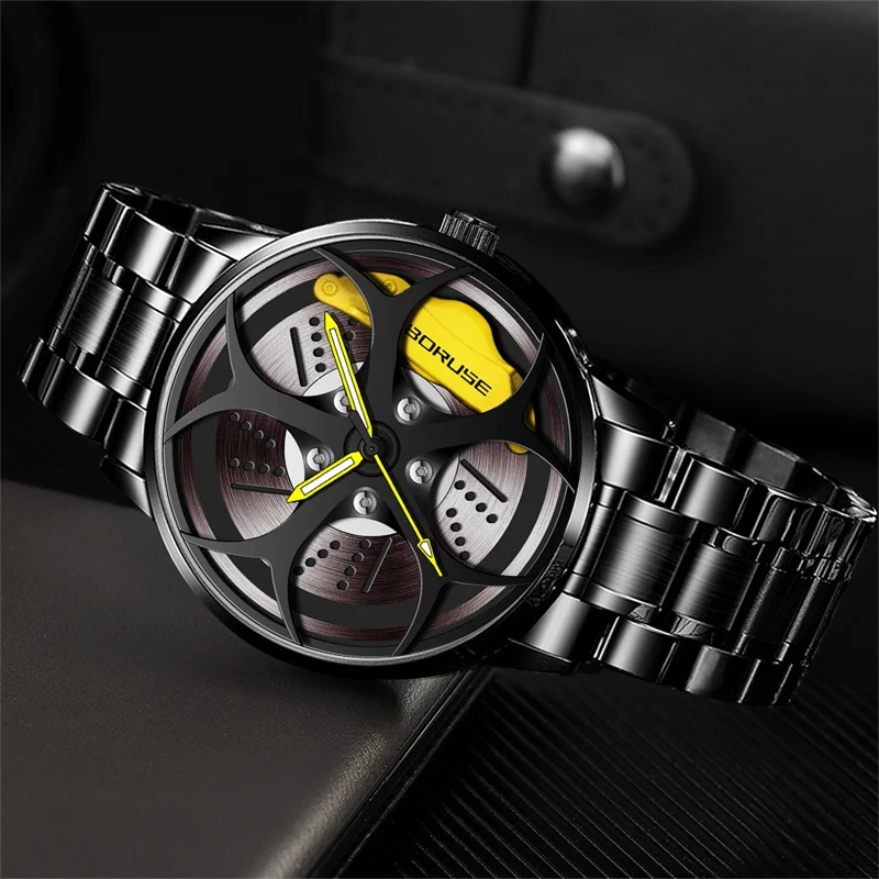 BORUSE Luxury Men\'s Fashion Car Wheel Watches Men Sports Waterproof Quartz Wristwatch Stainless Steel Wheel Hub Watch