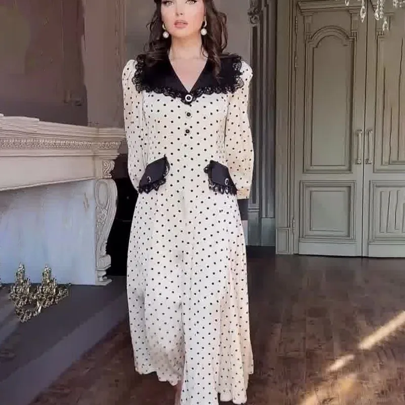 

Retro French Temperament Thin Long-sleeved Skirt European American Foreign Trade New Lace V-neck Waist Polka Dot Printing Dress
