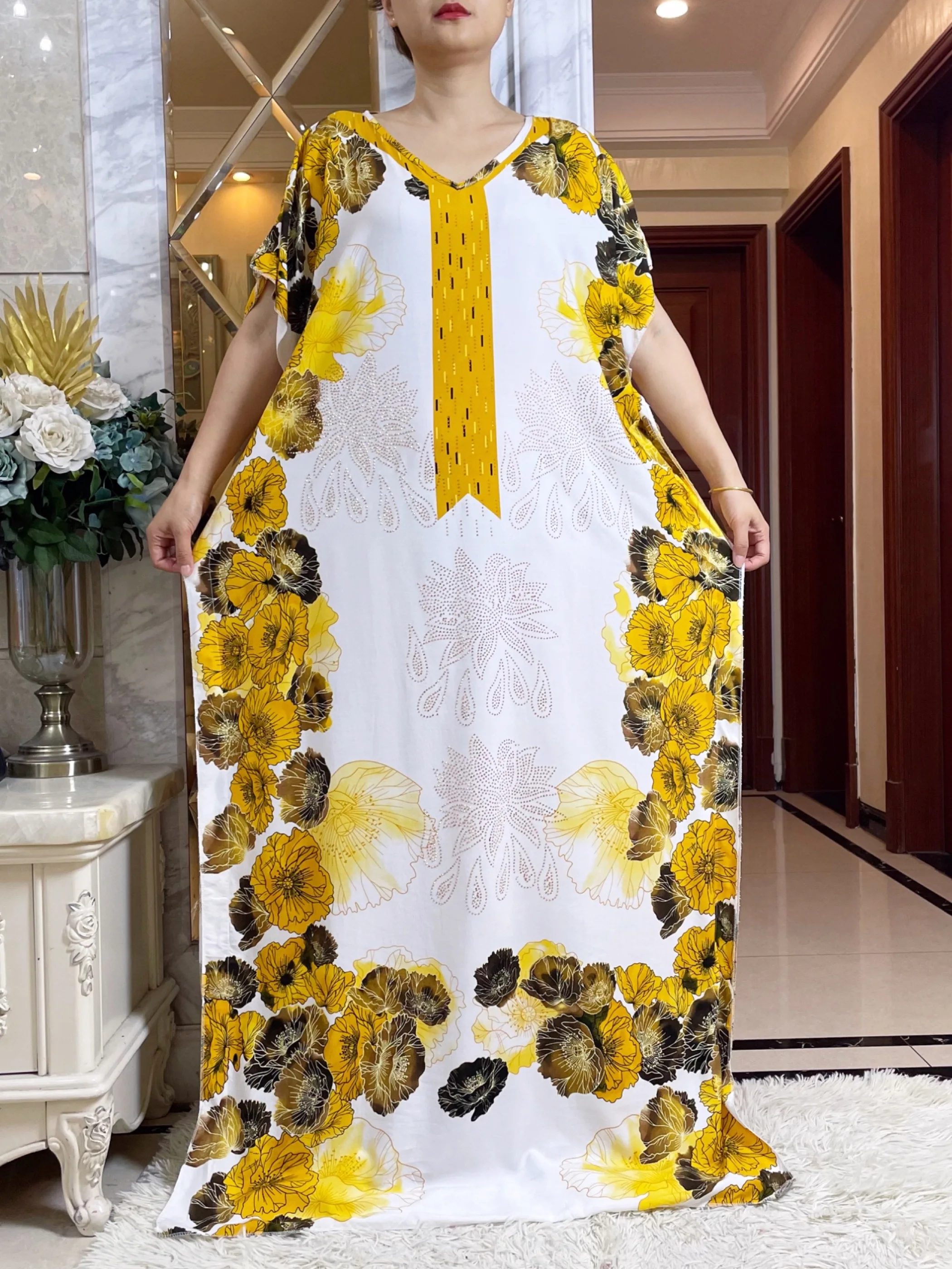 

Summer Short Sleeve Printing Cotton Dress With Big Scarf African Dashiki Floral Loose diamants Caftan Lady Maxi Casual Vestido