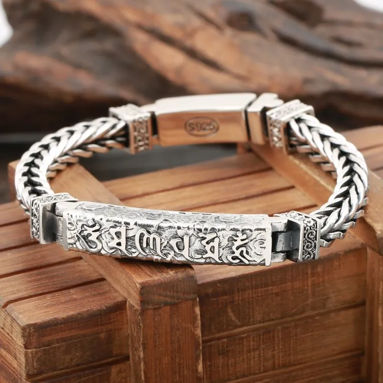 Chaoren S925 silver jewelry retro Thai silver personality domineering man Om mani padme hum bracelet hip-hop punk style man