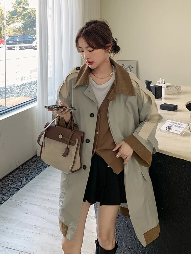 LANMREM Trench Coat Women Mid-length 2024 Spring Loose British Style Color Block Lapel Single Breasted Belt Windbreaker 2R7807