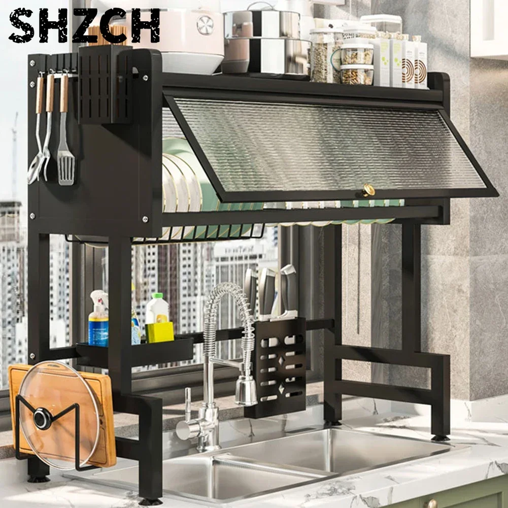 Kitchen Storage Cabinet Steel Over The Sink Dish Drying Rack 3-Tier Utensil Cup Holder Large Over The Sink Dish Rack with Cover