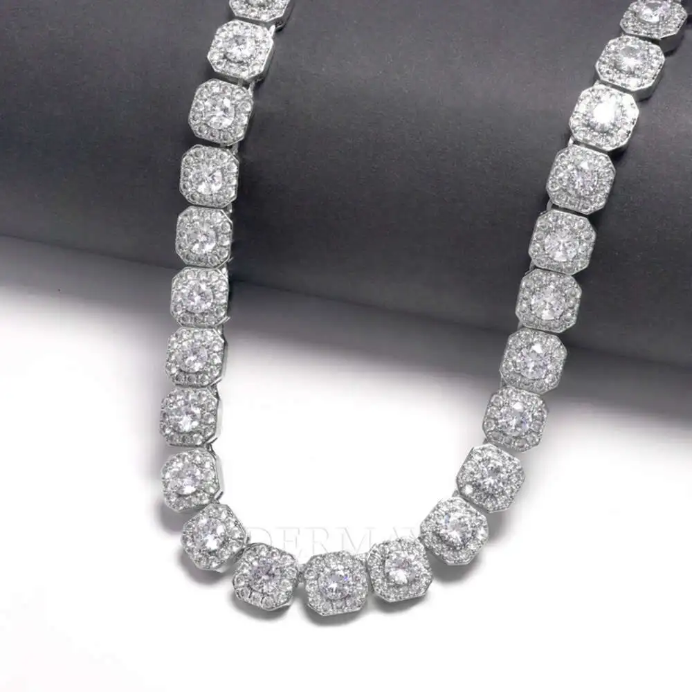 Luxury Moissanite Chain 10mm/12mm Square Tennis Cluster Link Chain 925silver Moissanite Hiphop Rock-candy Halo Tennis Necklace