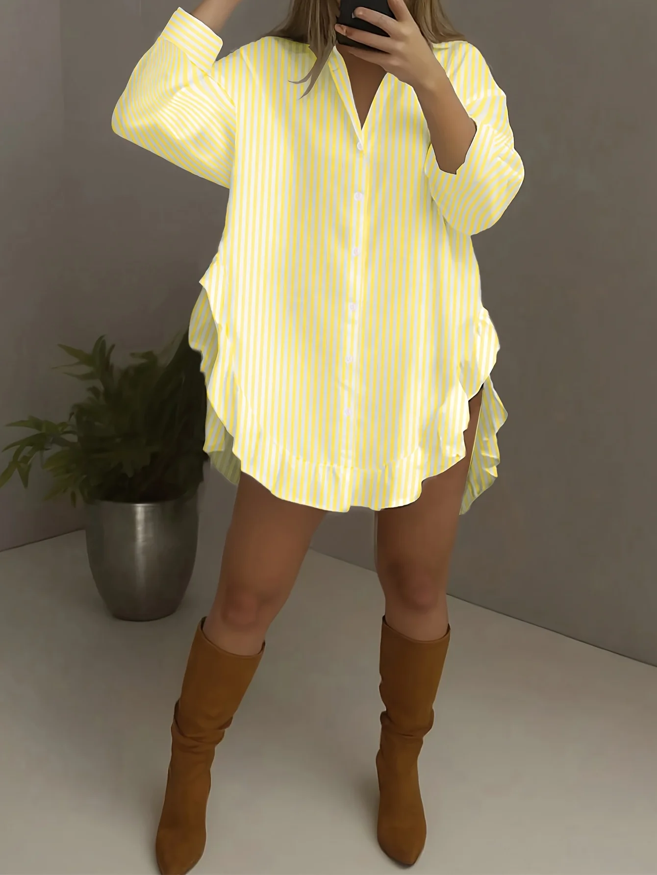 Women Plus Size Yellow White Vertical Striped Shirt Dress, Long Sleeve V Neck Button Down Ruffle Hem Loose Tunic Dress Casual Ov