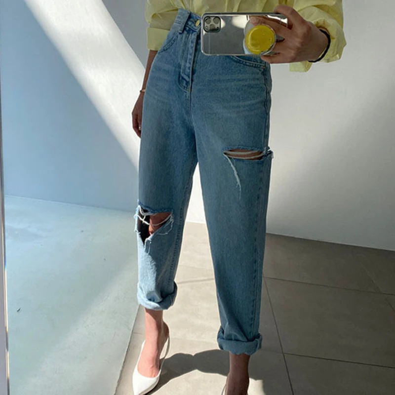 Jeans de Pierna Recta de Cintura Alta Es, Diseño con Bolsillos de Botones, Mezclilla da, Versátiles, Jeans de Temp...