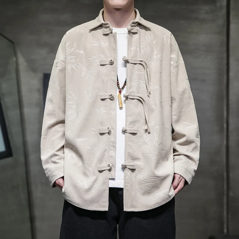 Men Chinese Style Corduroy Shirt Men Frog Button Bamboo Print Shirt Men Traditional Stand Collar Shirt Male Vintage Hanfu Tops