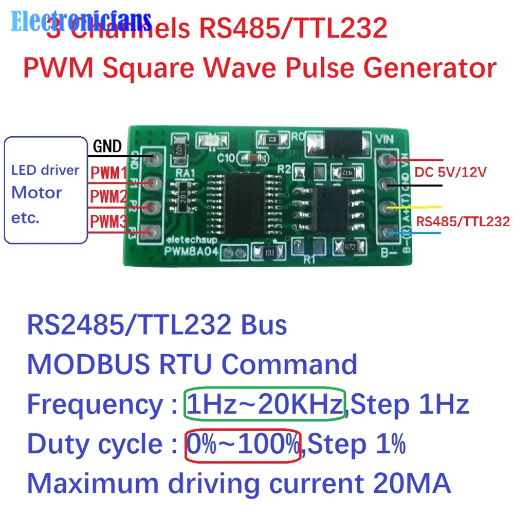 3 Ch 1Hz-20kHz PWM onda quadra generatore di impulsi modulo Duty Cycle frequenza regolabile RS485/TTL232 interfaccia Modbus RTU Board