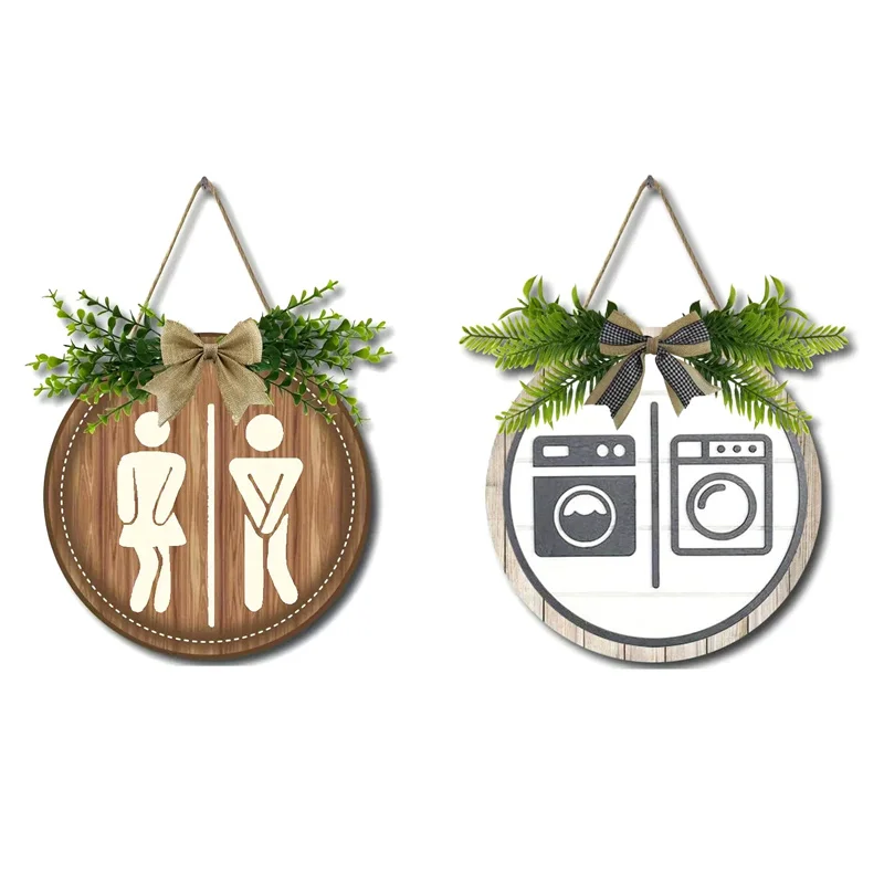 ريفي إكليل خشبي علامة جدار ديكور لوحة مستديرة علامات باب الغسيل معلقة علامة الحمام للجنسين المرحاض ديكور مضحك #2