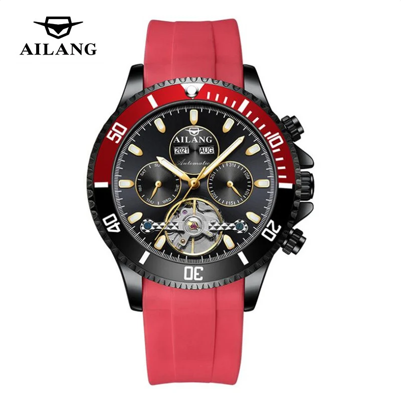 

AILANG Automatic Mechanical Watch Top Brand Luxury Tourbillon Red Silicone Men Watch Calendar Display Waterproof Luminous Reloj