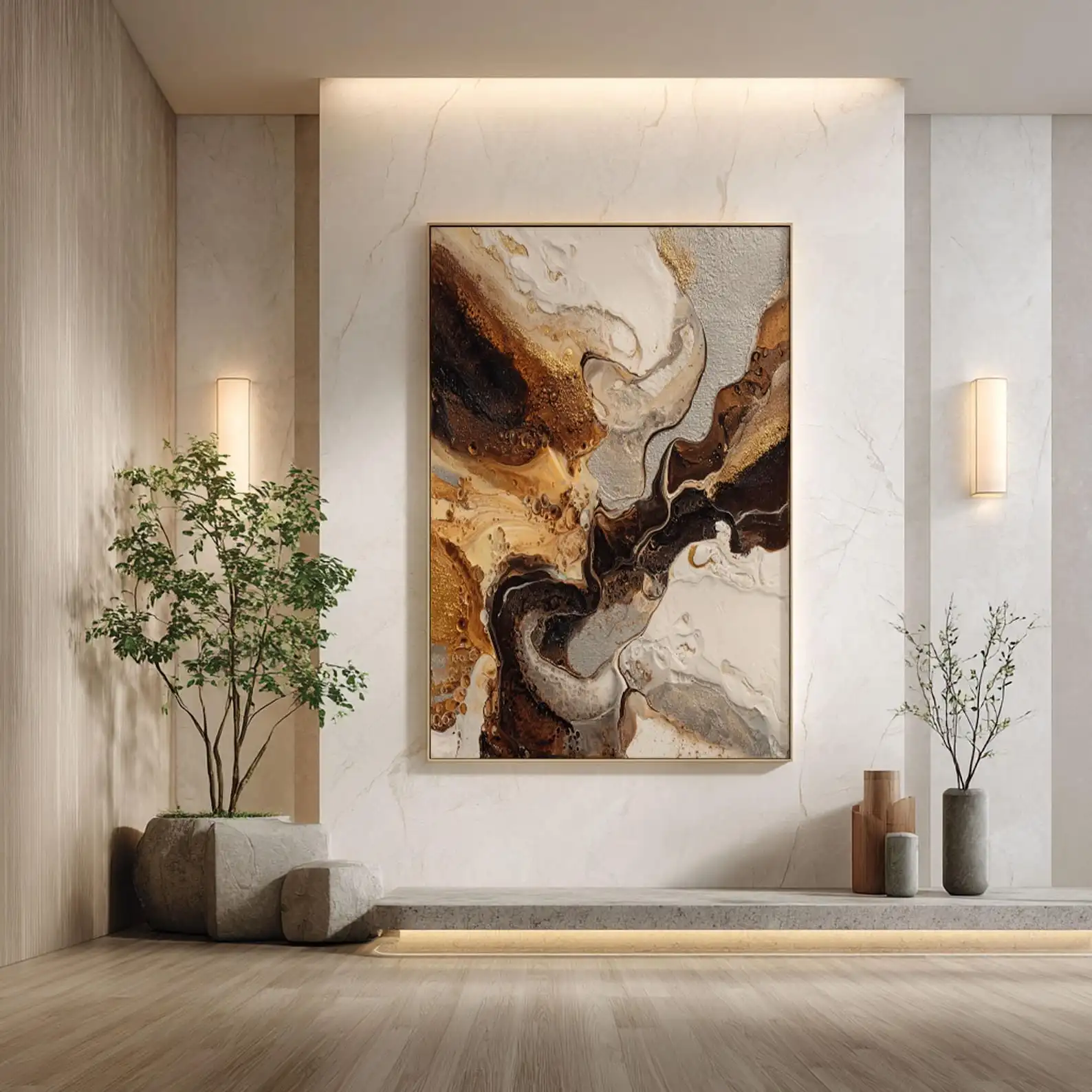 Mhemyo Marbling Gold River Large Abstract Hand Painted Oil Painting Metallic Texture Fluid Art Modern Wall Decor for Living Room