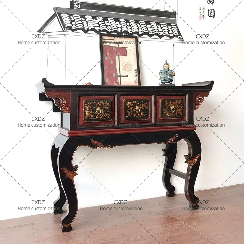 New Chinese Style Solid Wood Warped Head Entryway Table Retro Classic Storage Central Hall Case Table Multi Functional Three