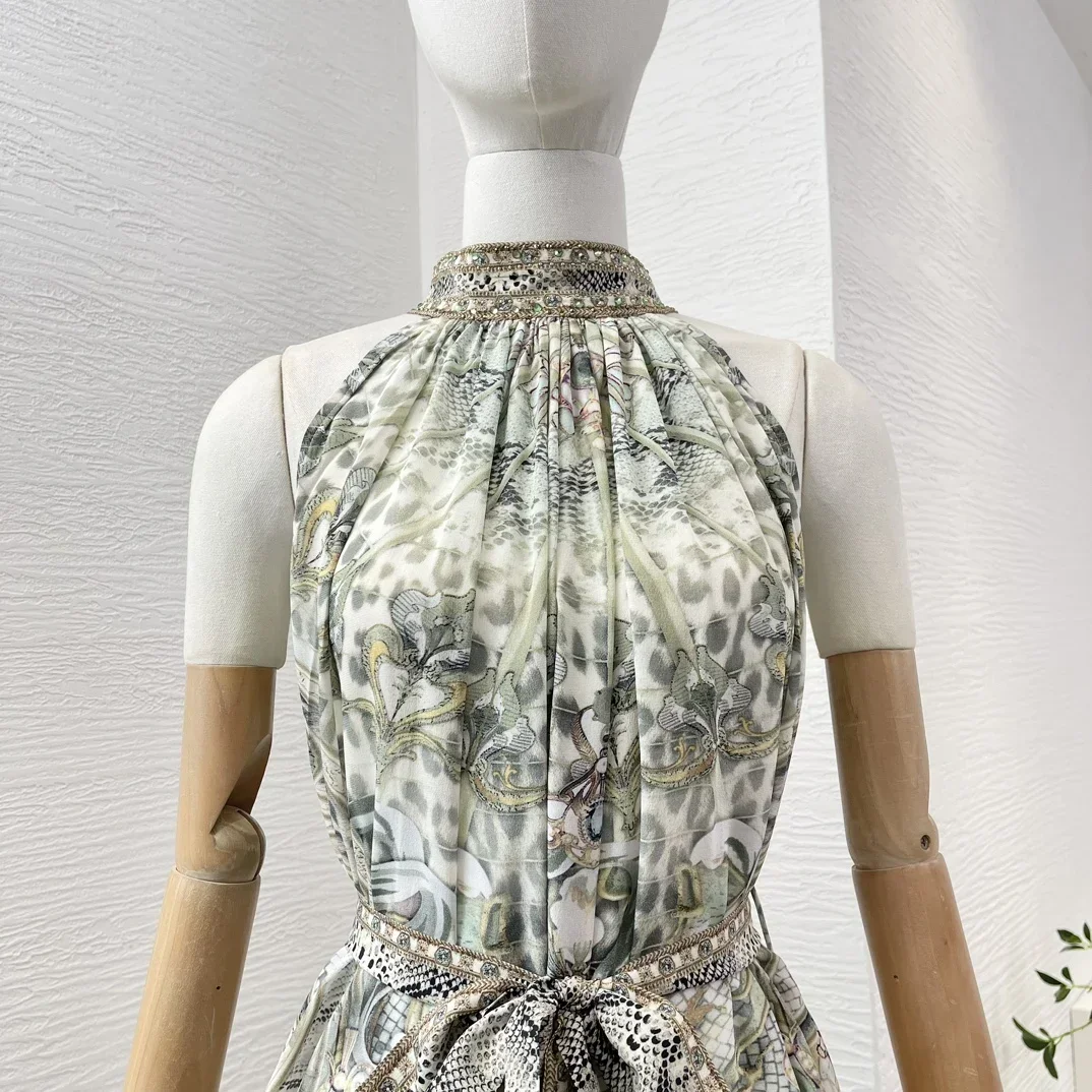 2024 New High Quality Silk Palace Style Floral Printing Turtleneck Lace-up Sleeveless Diamonds Women Midi Dress for Holiday