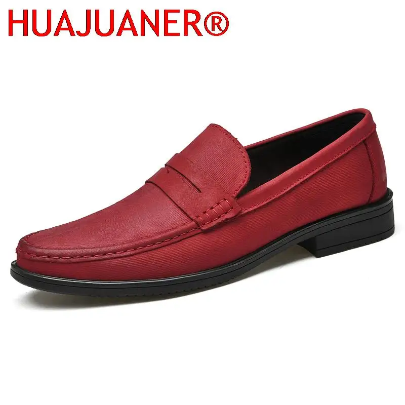 

Red Luxury Men Slip on Loafers Genuine Leather Formal Shoes Elegant Dress Shoe High Quality Mens Shoes Casual Footwear Moccasins