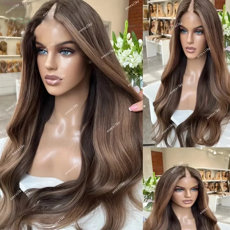 

Highlights Chestnut Brown Blonde Loose Wavy V Part Wig 100% Remy Human Hair Wig Ombre Strawberry Body Wave Full U Shape End 250%