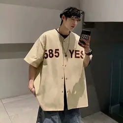 American summer new street style letter print Korean retro baseball uniform cardigan thin short-sleeved loose shirt men jacket