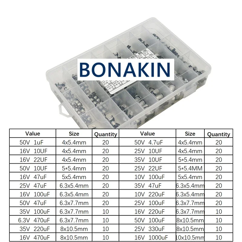 SMD 알루미늄 전해 커패시터 모음 키트 및 박스, 1uF ~ 1000uF, 6.3V-50V, 400 개, 24 값