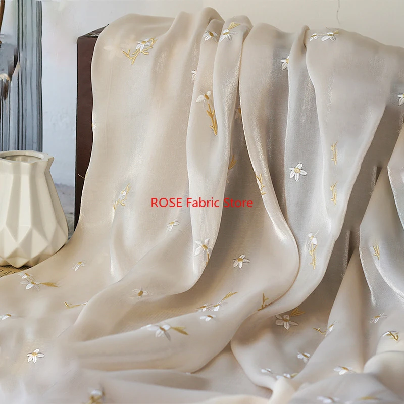 

1 meter Small FloralBright Silk Satin Embroidered Chiffon Fabric Spring Summer Fresh Dress Sewing Fabric