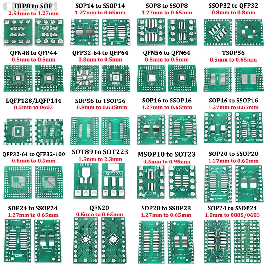 

10 Pieces PCB Board SOP8 SOP14 SOP16 SOP20 SOP24 SOP28 QFP FQFP TQFP SMD 0.65mm/1.27mm to 2.54mm To DIP Adapter Converter Plate