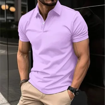 2024 Nowa męska letnia koszulka polo z krótkim rękawem w jednolitym kolorze z guzikami i fioletowym luźnym kołnierzem Codzienna wszechstronna koszula