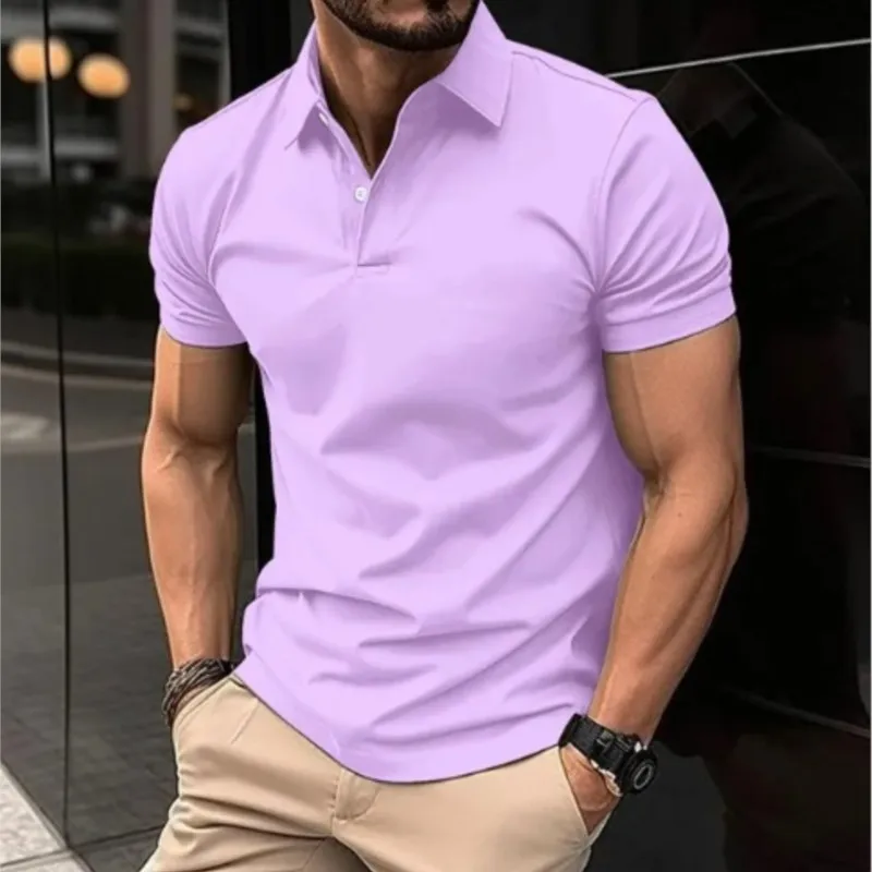 2024 New Men's Summer Casual Solid Color Button Short Sleeved T-shirt Polo Shirt With Purple Loose Collar Daily Versatile Shirt 